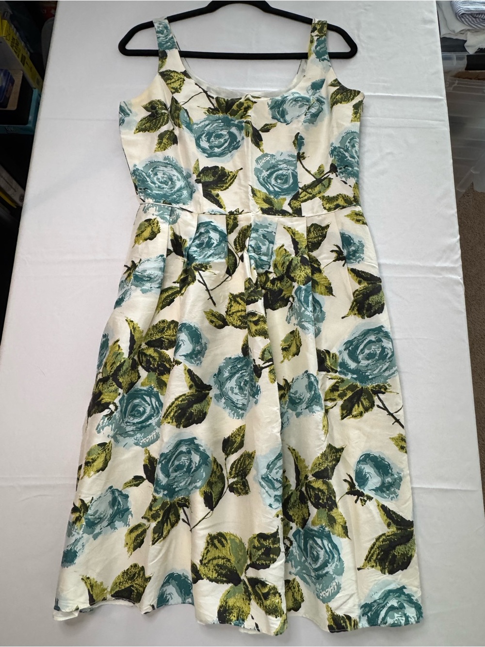 Ann Taylor Cream Midi Dress with Teal Floral Print